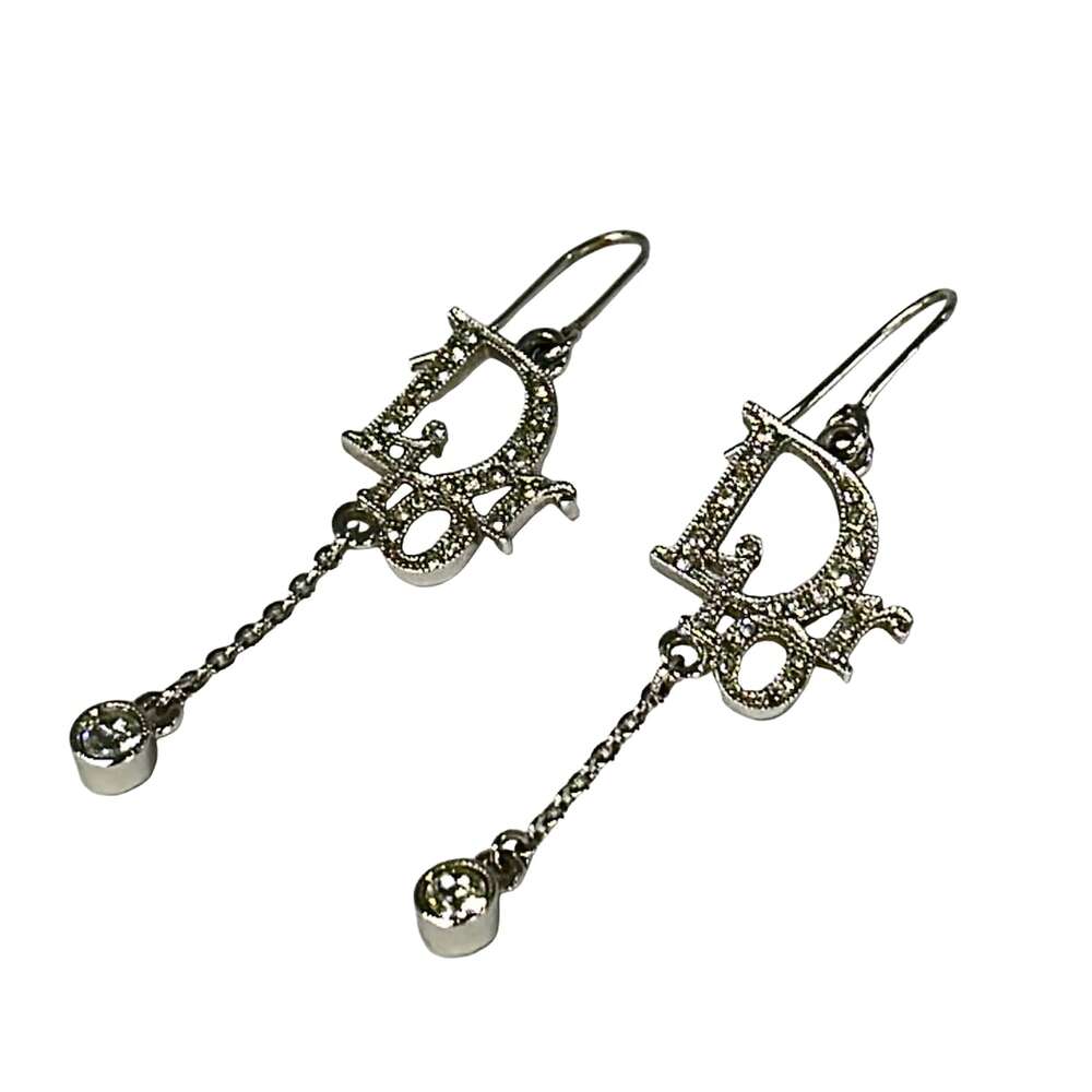 Christian Dior Earrings Silver Clear Hardware Rhinestones